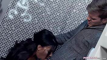 hot brunette milf takes cock in toilet cumshot