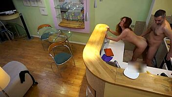 Young Redhead Candy Red Bent Over in Kitchen by Old Stepdad
