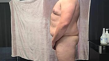 chubby man is kissing on his belly by hot redhair girl then blowjob and facial cumshot