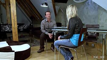 Petite blonde boldly licks cum off cock after intense riding