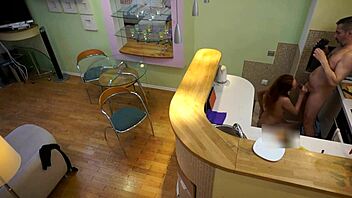 Young Redhead Candy Red Bent Over in Kitchen by Old Stepdad