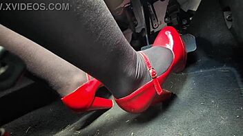 Redhead in Nylon Leggings Pumps Pedals in Heels on Way to Office.