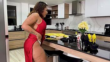 Ebony MILF maid Carla Morelli caught by Brandon Cruz in red dress