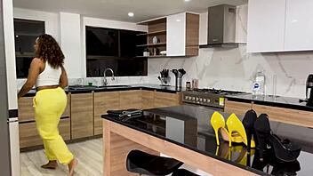 Ebony MILF maid Carla Morelli caught by Brandon Cruz in red dress