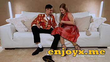 Busty blonde with shaved pussy loves sucking and deepthroating cock