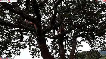 Public encounter with blonde and brunette on tree.