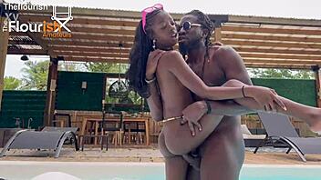 My tiny bombshell takes monster cock by pool