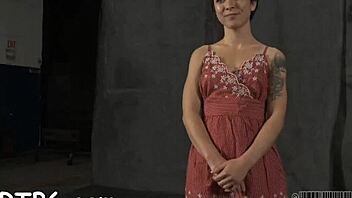 rough femdom babe sucks cock, nipples pinched hard.