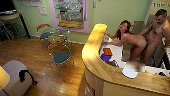 Young Redhead Candy Red Bent Over in Kitchen by Old Stepdad