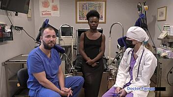 Dr tampa examines petite nurse rina arem with gloves in hospital backstage. She spreads shaved pussy pov during checkup.