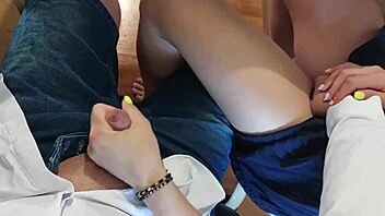 Give handjob in classroom, huge cumshot while fingering 18yo classmate's pussy!