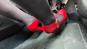 Redhead in Nylon Leggings Pumps Pedals in Heels on Way to Office.