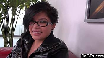 dagfs cute brunette with glasses participates in casting interview on sofa for young teen role