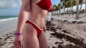 big tits girl begs for beach favor!