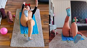 Hey check out this wet and wild dual cam naked workout with big ass milf spreading in yoga - you seriously have to see it to believe it