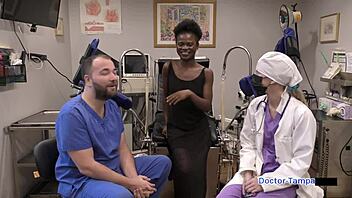 Dr tampa examines petite nurse rina arem with gloves in hospital backstage. She spreads shaved pussy pov during checkup.