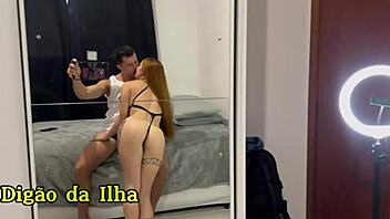 Beautiful redhead with tattoos sucks muscular bodybuilder's cock while shaking her fat ass