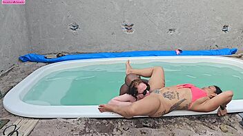 fucking two hotties in the pool with creampie