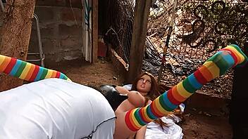 i'm using dildo on latina friend's pussy in outdoor public