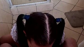 chubby whore in uniform sucking cock and jerking off with dirty talk and cum facial