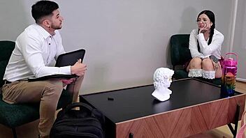 Horny latina college student offers pussy to professor for quickie riding and fisting