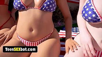 Horny Three Stepsisters at Summer Party: Flat Chested FFM Teen 18+ Small Tits Outdoor Group Blowjob.