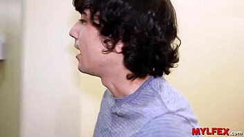 Mylfex lucky boy visits friend but catches step-mom in bathroom fucking