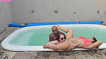 fucking two hotties in the pool with creampie