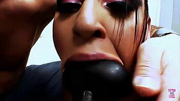 brunette in stockings fucked with sex toy and two big hard dicks for facial cumshot