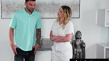 Nuru massage - hot masseuse riley reign takes care how sore muscle by fucking his clients cock 😍