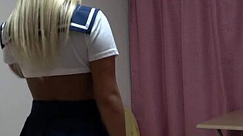 Tanned Japanese girl strips from uniform to naked
