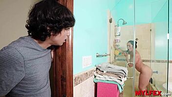 Mylfex lucky boy visits friend but catches step-mom in bathroom fucking