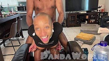 Bald ebony slut takes anal beating in rough session with monster cock.