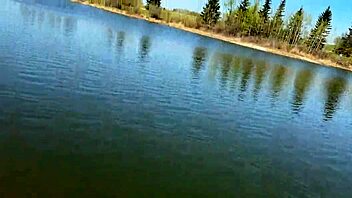 Young girl fishes in the forest after school.