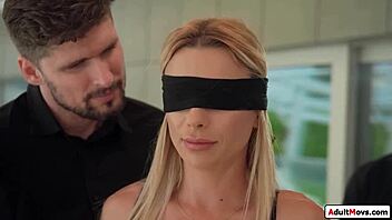 blindfolded shalina devine with big tits and ass sucks cock in threesome dp with blonde in lingerie