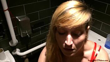 Amateurs perform anal and blowjob in public restaurant toilet, ending with cumshot
