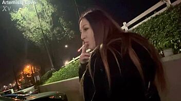 That Italian milf Artemisia Love teases with her long hair during an outdoor smoking solo