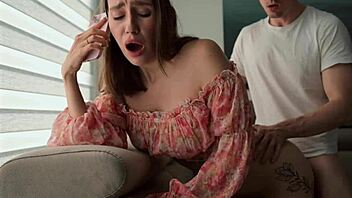 I'm talking to my husband on the phone, but this lover is fucking me so hard this morning. Cum on my face!