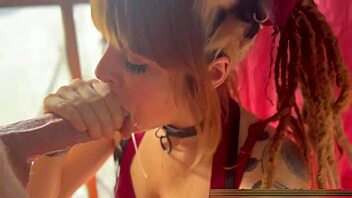 Nerdy cosplayer deepthroats thick cock, swallows deep