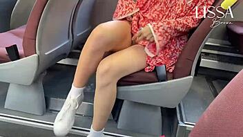 Hot woman shows off and touches herself on public bus.