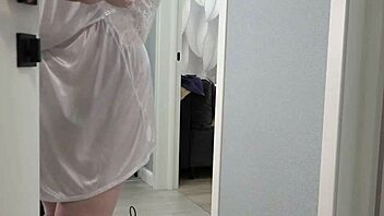 a home camera watches a mature housewife with a thick ass under a short robe and big boobs chubby milf behind the scenes pawg