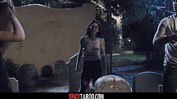 Hot foursome sex at the graveyard with milf and redhead babes