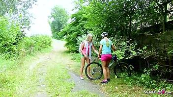 Skinny virgin teen has first outdoor lesbian sex after college with small tits