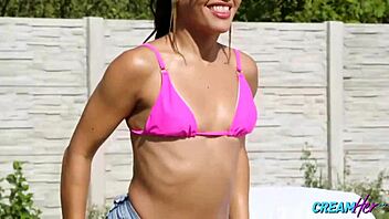 petite apolonia lapiedra rides cock in cowgirl outdoors, her shaved pussy glistening under the sun as she moans in lingerie