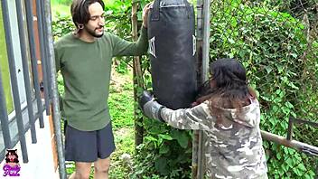 teen practices boxing, hits neighbor, sucks his big cock, gets fucked