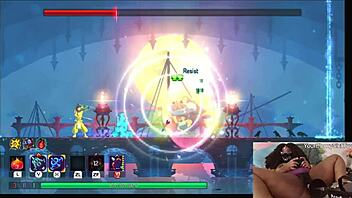 chubby ebony gamer girl masturbates with dildo while playing dead cells, getting horny