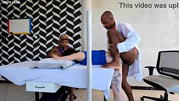 Doctor fucks patient next to husband, clothes ripped for first time interracial cum in mouth