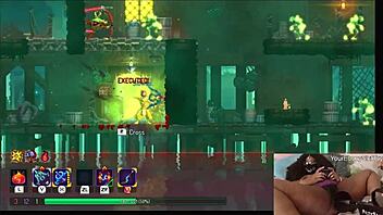 chubby ebony gamer girl masturbates with dildo while playing dead cells, getting horny