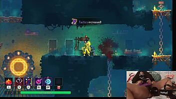chubby ebony gamer girl masturbates with dildo while playing dead cells, getting horny