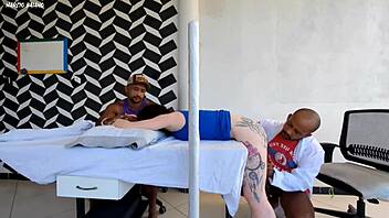 Doctor fucks patient next to husband, clothes ripped for first time interracial cum in mouth